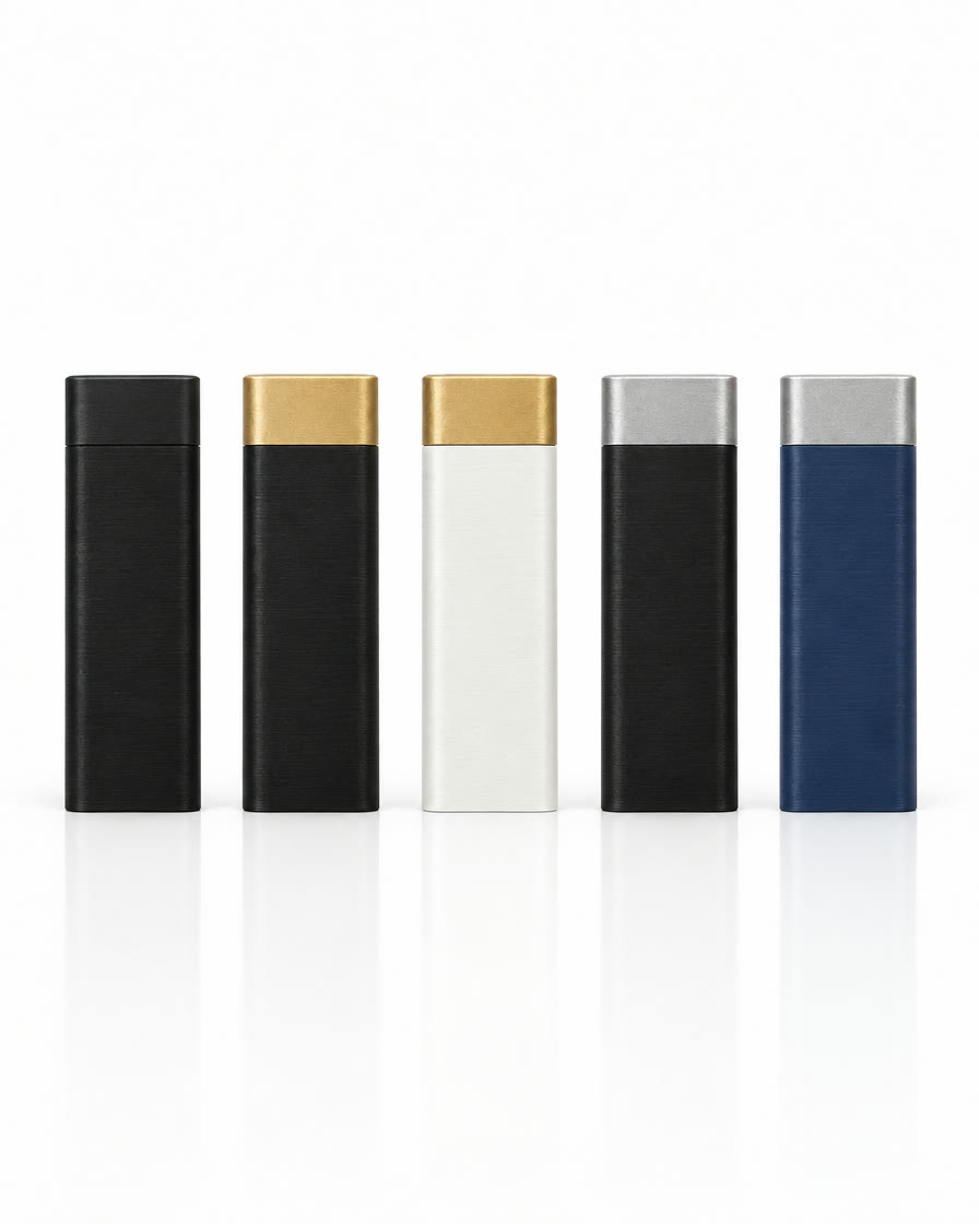 Five Doubles in a row: black, black with gold lid, white with gold lid, black with silver lid, navy with silver lid